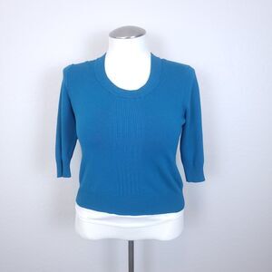 Womens Petite Large Pullover Sweater 3/4 Sleeve Teal Blue Scoop Neck~Investments